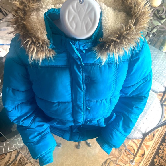 JUSTICE Vintage Puffer Coat Jacket w/detachable Faux Fur Hood Blue Sz 16 - Picture 8 of 15